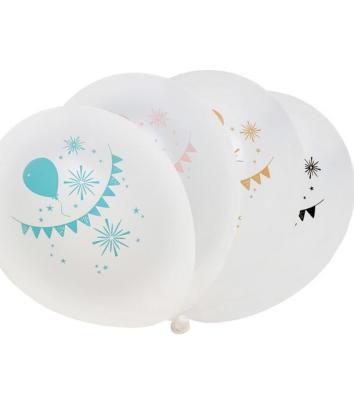 8 Ballons en latex 23cm, fond blanc , 2 décors coloris or, 2 coloris rose, 2 coloris bleu et 2 coloris or