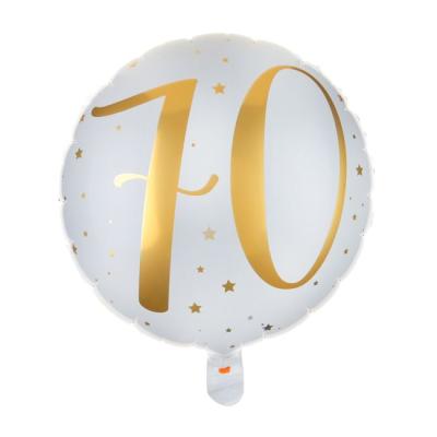 Un ballon en aluminium de 35 cm de diamètre fond blanc avec l'inscription 70 et des étoiles coloris or pailletés pour un déco de fête d'anniversaire 18 ans.