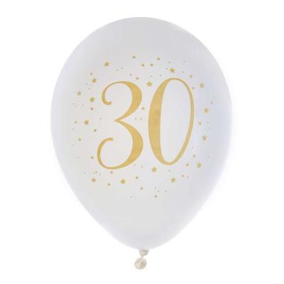 8 Ballons anniversaire en latex de 23 cm, fond blanc avec le chiffre 30 entouré de points et étoiles coloris or métallisé.