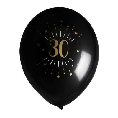 8 Ballons anniversaire en latex de 23 cm, fond noir avec le chiffre 30 entouré de points et étoiles coloris or métallisé.
