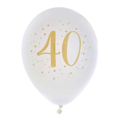 8 Ballons anniversaire en latex de 23 cm, fond blanc avec le chiffre 40 entouré de points et étoiles coloris or métallisé.