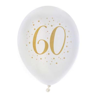 8 Ballons anniversaire en latex de 23 cm, fond blanc avec le chiffre 60 entouré de points et étoiles coloris or métallisé.
