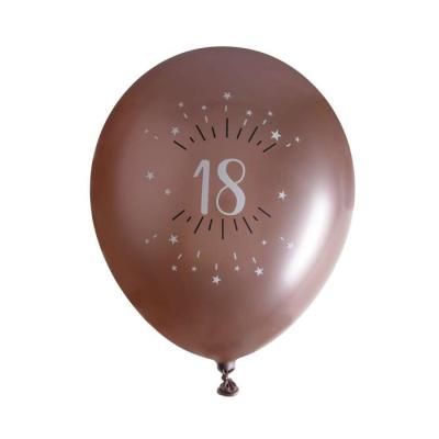 6 Ballons anniversaire en latex de 30 cm, fond rose gold avec le chiffre 16 entouré de points et étoiles coloris blanc.