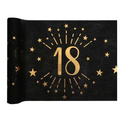 5 Mètres de chemin de table anniversaire 18 ans en intissé, fond noir, impression du chiffre 18 et d'étoiles coloris or métallisé.