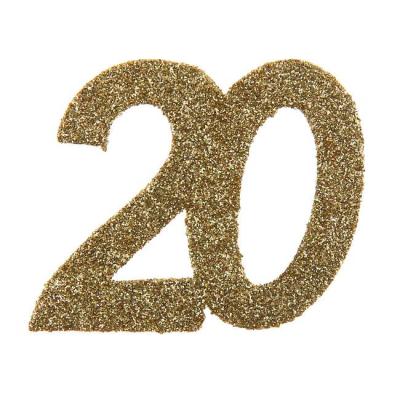 6 Grands confettis anniversaire de 5 cm x 5cm en carton pailleté or représentant le chiffre 20 pour une décoration de table anniversaire 20 ans