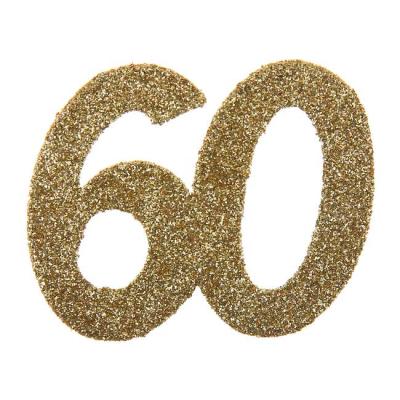 6 Grands confettis anniversaire de 5 cm x 5cm en carton pailleté or représentant le chiffre 60 pour une décoration de table anniversaire 60 ans