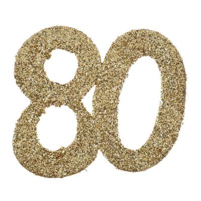 6 Grands confettis anniversaire de 5 cm x 5cm en carton pailleté or représentant le chiffre 80 pour une décoration de table anniversaire 80 ans