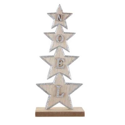 Un sapin de Noel en bois de 27 cm formé de 4 étoiles avec chacune une lettre du mot Noel  paillettée argent