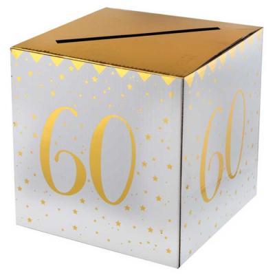 Très belle urne tirelire anniversaire 60 ans en carton coloris blanc et or métallisé, de 20 cm x 20 cm avec l'inscription du chiffre  60 au centre des 4 faces.