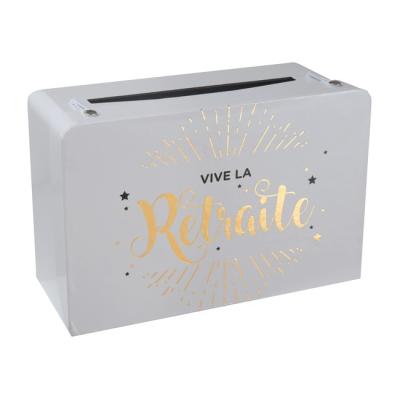 Une urne forme valise en carton blanc avec l'inscription Vive la Retraite coloris or métallisé
