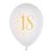 8 Ballons anniversaire en latex de 23 cm, fond blanc avec le chiffre 18 entouré de points et étoiles coloris or métallisé.