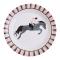 10 Assiettes en carton rondes, fond blanc,  avec au centre une cavalière sur son cheval gris et sur le bord de l'assiette une frise dans les ton noir, gris et rose..