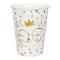 20 gobelets en carton fond blanc avec une multitude de ronds et étoiles multicolores et au centre le visage d'une chatte portant des lunettes et une couronne coloris or