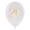8 Ballons anniversaire en latex de 23 cm, fond blanc avec le chiffre 20 entouré de points et étoiles coloris or métallisé.