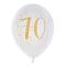 8 Ballons anniversaire en latex de 23 cm, fond blanc avec le chiffre70 entouré de points et étoiles coloris or métallisé.