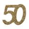 6 Grands confettis anniversaire de 5 cm x 5cm en carton pailleté or représentant le chiffre 50 pour une décoration de table anniversaire 50 ans