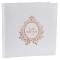 Un livre d'or mariage, couverture en carton épais blanc, portant l'inscription Just Married coloris rose gold métallisé