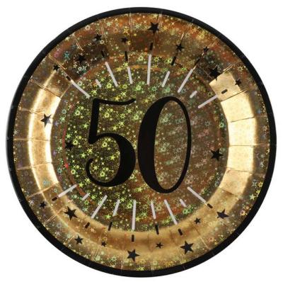 10 Assiettes rondes en carton or métallisé, impression du chiffre 50 en coloris noir pour une décoration de table anniversaire 50 ans