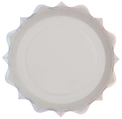 10 Assiettes rondes en carton blanc avec les bords festonnés coloris argent irisé
