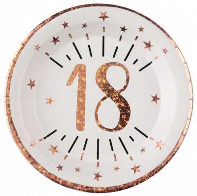 10 Assiettes rondes en carton blanc, impression du chiffre 18 en coloris rose gold pour une décoration de table anniversaire 18 ans
