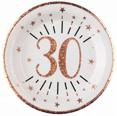 10 Assiettes rondes en carton blanc, impression du chiffre 30 en coloris rose gold pour une décoration de table anniversaire 30 ans