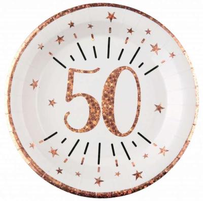 10 Assiettes rondes en carton blanc, impression du chiffre 50 en coloris rose gold pour une décoration de table anniversaire 50 ans