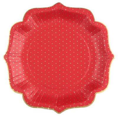 10 Assiettes en carton fond rouge décor minis pois et liserets coloris or métallisé.