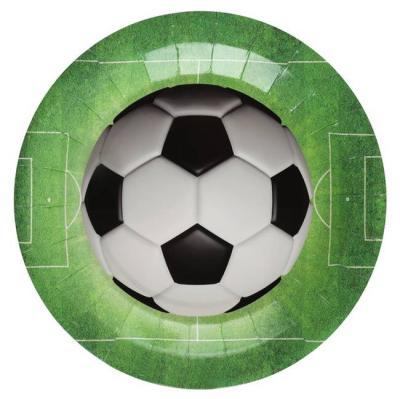 10 Assiettes en carton fond vert évoquant un terrain de foot avec au centre un ballon de foot.