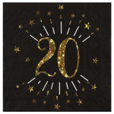10 Serviettes en papier fond noir, impression du chiffre 20 coloris or métallisé pour une décoration de table anniversaire 20 ans