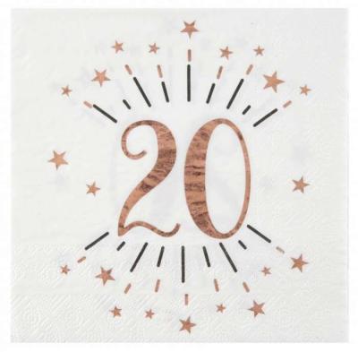 10 Serviettes en papier fond blanc, impression du chiffre 20 coloris rose gold métallisé pour une décoration de table anniversaire 20 ans