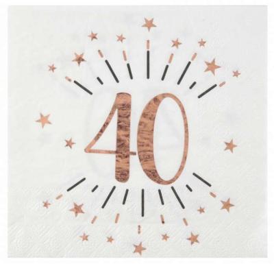 10 Serviettes en papier fond blanc, impression du chiffre 40 coloris rose gold métallisé pour une décoration de table anniversaire 40 ans