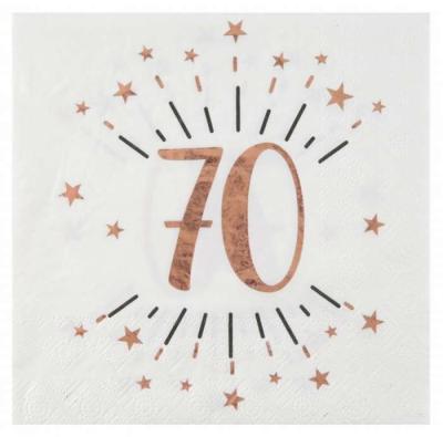 10 Serviettes en papier fond blanc, impression du chiffre 70 coloris rose gold métallisé pour une décoration de table anniversaire 70 ans