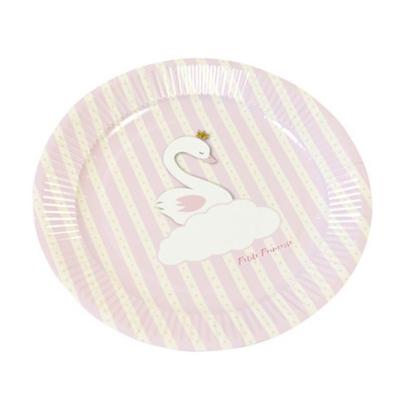 12 Assiettes rondes cocktail ou dessert de 18 cm coloris blanc et rose avec au centre le dessin d'un cygne posé sur un nuage et l'inscription petite princesse dessous.