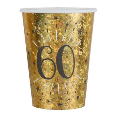 20 Gobelets en carton or métallisé, impression du chiffre 60 en coloris noir pour une décoration de table anniversaire 60 ans