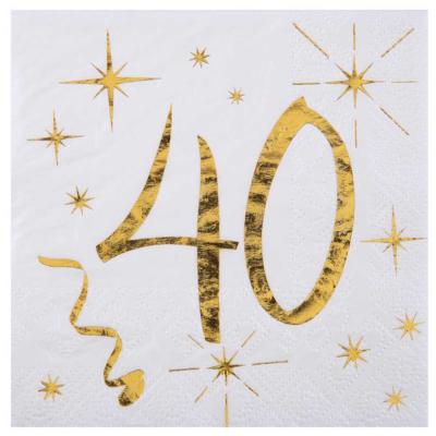 20 Serviettes en papier anniversaire 40 ans blanches avec impression coloris or métallisé