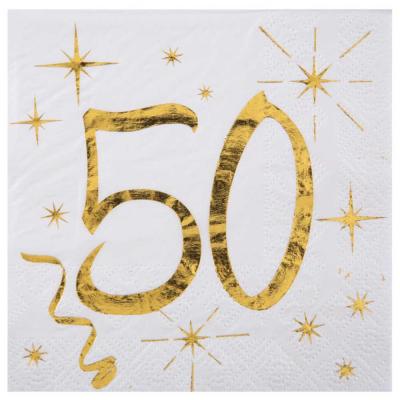20 Serviettes en papier anniversaire 50 ans blanches avec impression coloris or métallisé