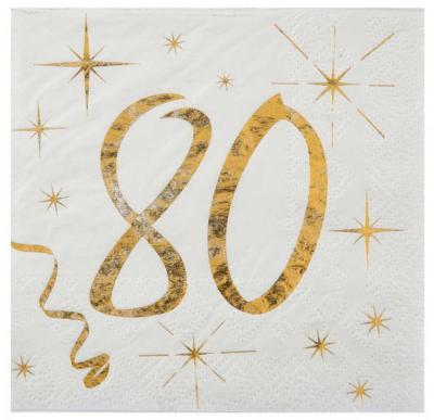 20 Serviettes en papier anniversaire 80 ans blanches avec impression coloris or métallisé