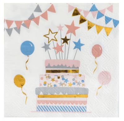 20 Serviettes en papier anniversaire, fond blanc avec un décor multicolore de guirlandes, ballons et gâteau d'anniveraire.
