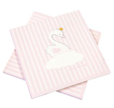 20 Serviettes en papier coloris blanc et rose avec  le dessin d'un cygne posé sur un nuage et l'inscription petite princesse dessous.