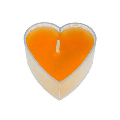 24 Bougies chauffe plat orange forme cœur dans une coque plastique pour vos décorations de table mariage, baptême, anniversaire ou Noël.