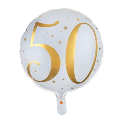 Un ballon en aluminium de 35 cm de diamètre fond blanc avec l'inscription 50 et des étoiles coloris or pailletés pour un déco de fête d'anniversaire 18 ans.