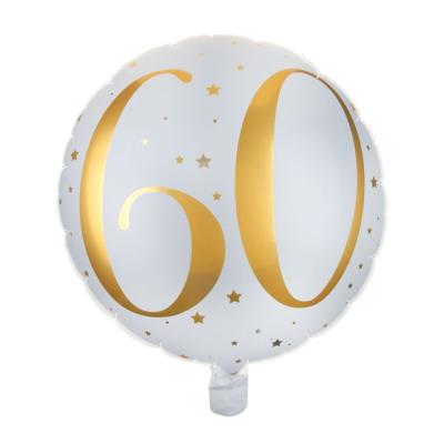 Un ballon en aluminium de 35 cm de diamètre fond blanc avec l'inscription 60 et des étoiles coloris or pailletés pour un déco de fête d'anniversaire 18 ans.