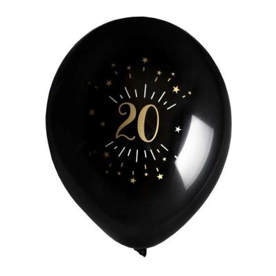8 Ballons anniversaire en latex de 23 cm, fond noir avec le chiffre 20 entouré de points et étoiles coloris or métallisé.