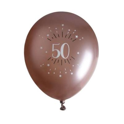 6 Ballons anniversaire en latex de 30 cm, fond rose gold avec le chiffre 50 entouré de points et étoiles coloris blanc.