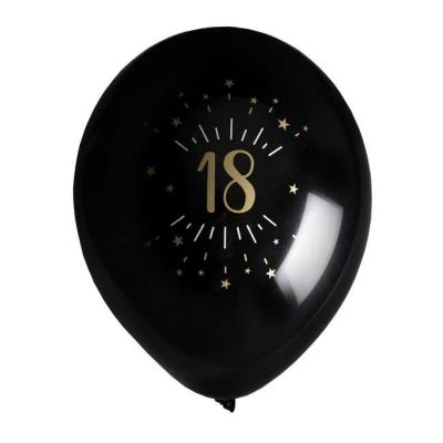 8 Ballons anniversaire en latex de 23 cm, fond noir avec le chiffre 18 entouré de points et étoiles coloris or métallisé.