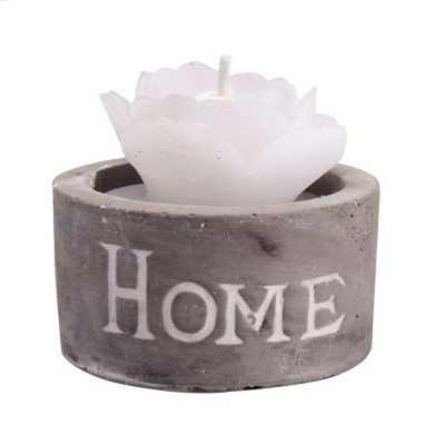 12 Minis bougeoirs en pierre coloris gris portant l'inscription HOME avec une bougie en forme de fleur blanche à l'intérieur