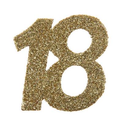 6 Grands confettis anniversaire de 5 cm x 5cm en carton pailleté or représentant le chiffre 18 pour une décoration de table anniversaire 18 ans