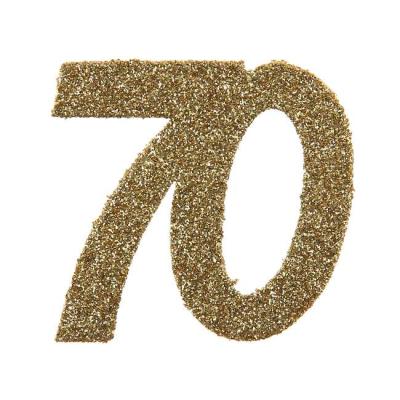 6 Grands confettis anniversaire de 5 cm x 5cm en carton pailleté or représentant le chiffre 70 pour une décoration de table anniversaire 70 ans