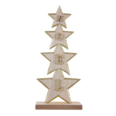 Un sapin de Noel en bois de 27 cm  formé de 4 étoiles avec chacune une lettre du mot Noel  paillettée or