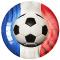10 Assiettes en carton fond drapeau Français tricolore avec au centre un ballon de foot en noir et blanc,